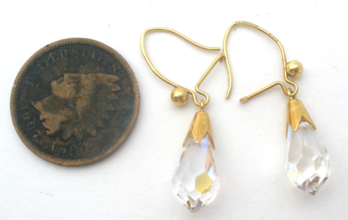 9K Gold Crystal Dangle Earrings Vintage