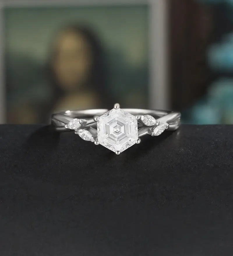 Hexagon Cut Moissanite Engagement Ring Twist Solid Gold Wedding Ring Diamond Vintage Rose Gold Bridal Ring Anniversary Promise Ring for Her