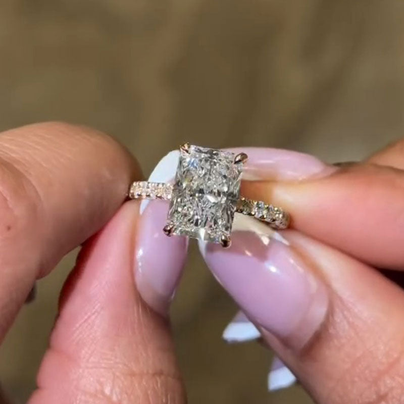 Radiant Cut Hidden Halo Engagement Ring With Half Paved Band