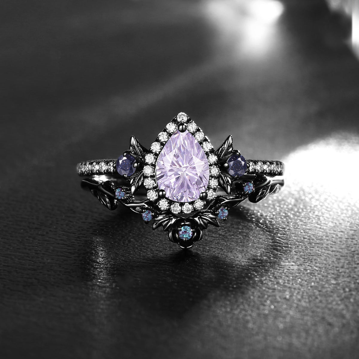 Thorns & Roses - Nature Inspired Firework Cut Pear Lab Lavender Sapphire Halo Engagement Ring Set