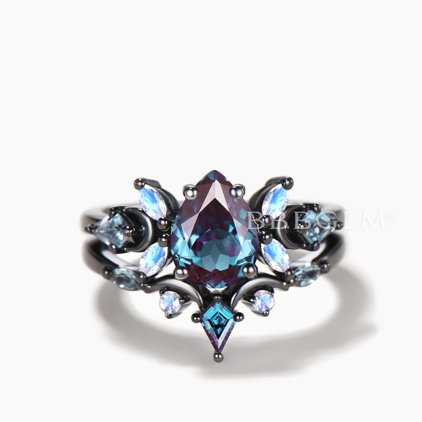 Teardrop Cut Color-change Alexandrite Ring Moonstone Accent Moon Bridal Set