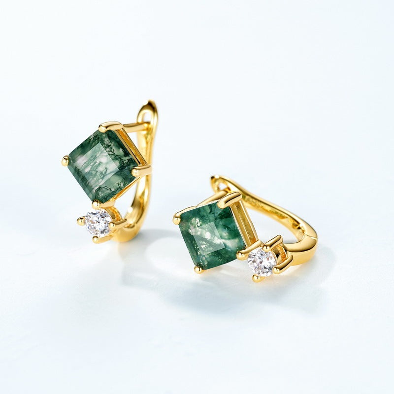 Dainty Princess Cut Moss Agate Leverback Earrings