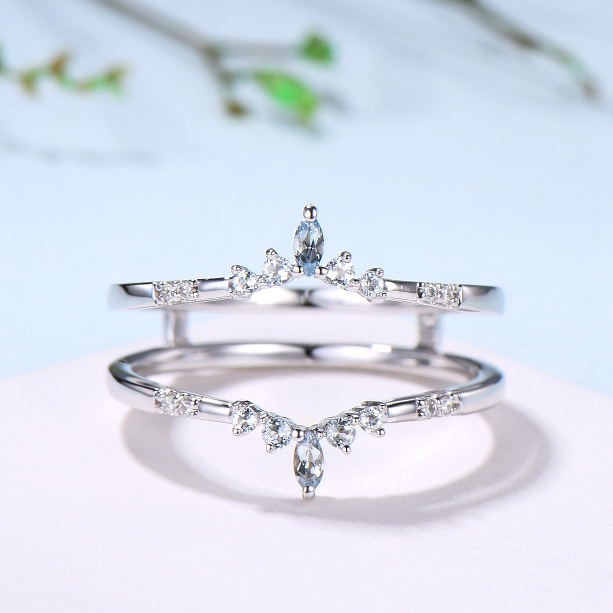 Aquamarine Curved Wedding Band Enhancer, White Gold Nesting Ring Jacket