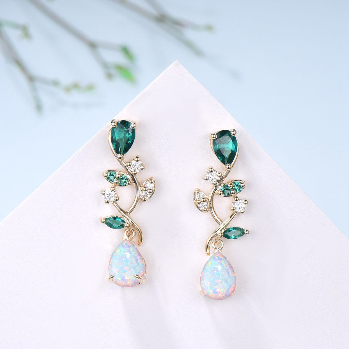 Nature Inspired Pear Shaped White Opal Earrings Emerald Fire Opal Leaf Stud Earrings Silver Earrings Handmade Anniversary Promise Gift