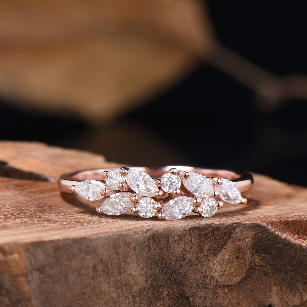 Vintage Moissanite Wedding Ring Art Deco 14k Solid Rose Gold Marquise Cut Moissanite Wedding Band Cluster Promise Ring