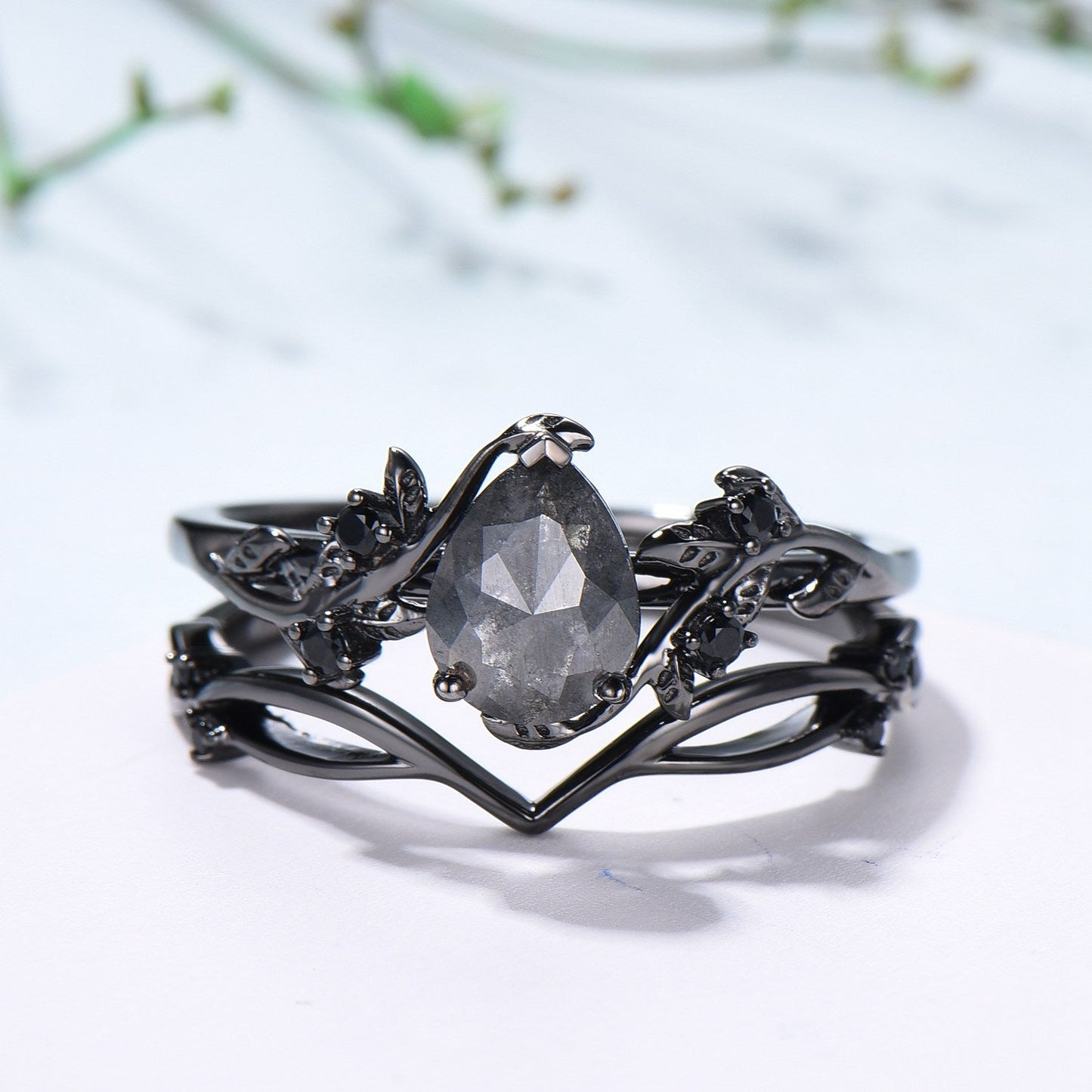 Elegant Black Gold salt pepper diamond engagement ring natural inspired pear shaped twig vine pepper diamond unique leaf vine bridal set