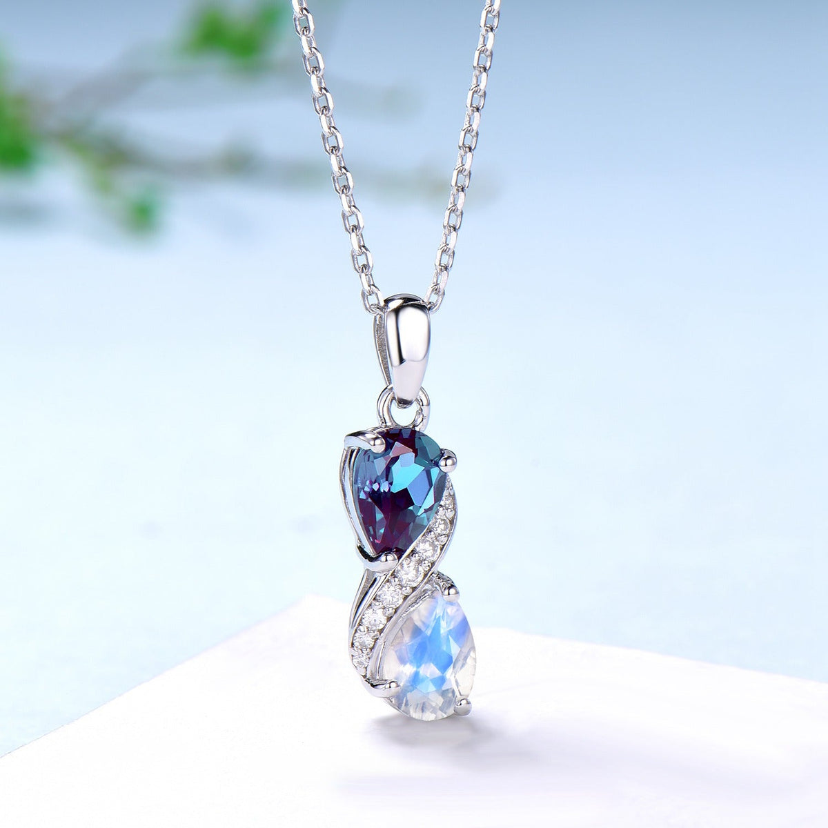 Vintage June birthstone Snake Necklace Alternative alexandrite moonstone pendant vintage art deco promise gift pear shaped pendant for girl