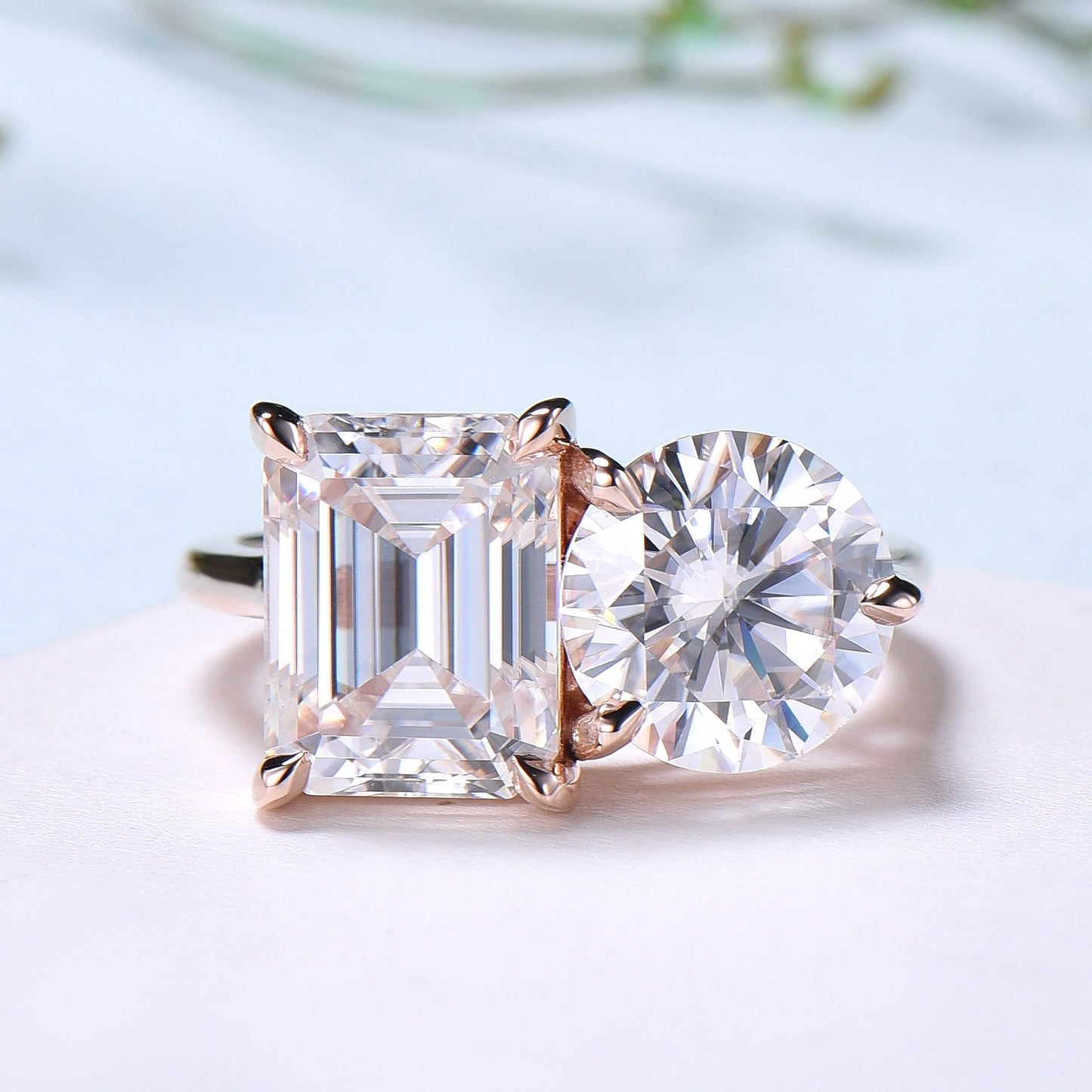 Two stone moissanite engagement ring 14k rose gold emerald round moisaanite plain rose gold wedding ring minimalist anniversary bridal gifts