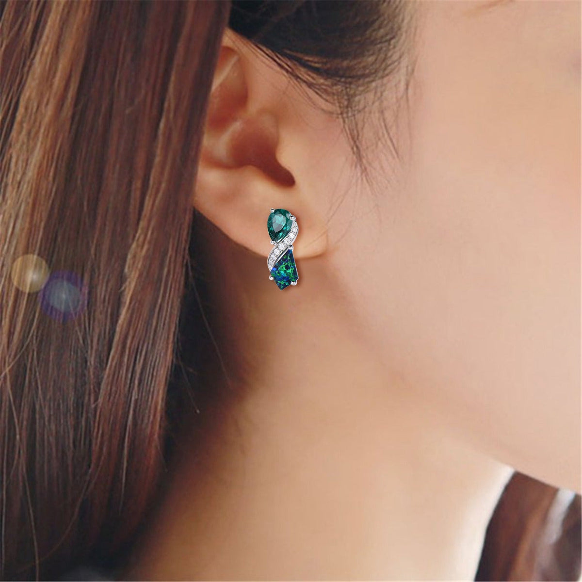 Kite Black Opal & Pear Emerald White Gold Earrings Leaf Vine Twig Moissanite Diamond Studs