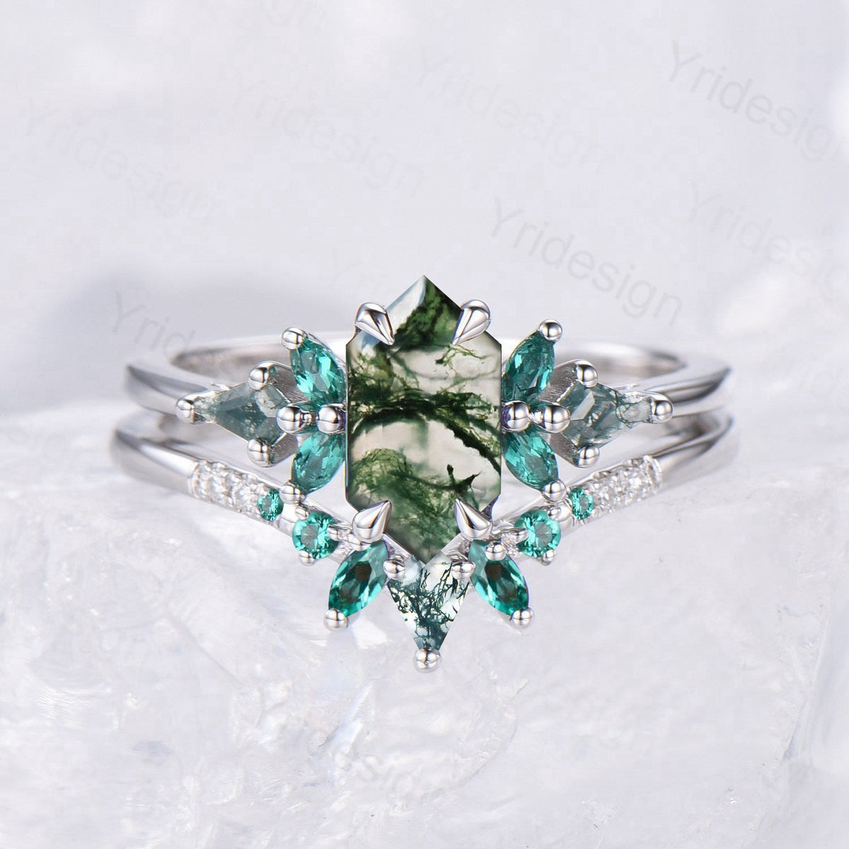 Hexagon Moss Agate Emerald Engagement Ring Set | Green Marquise & Curved Band