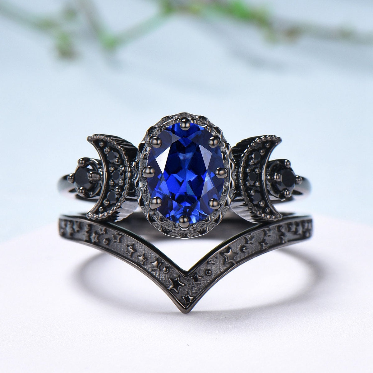 Unique moon star ring Oval blue sapphire wedding ring set Black gold gothic engagement ring set crescent moon sapphire bridal set for women