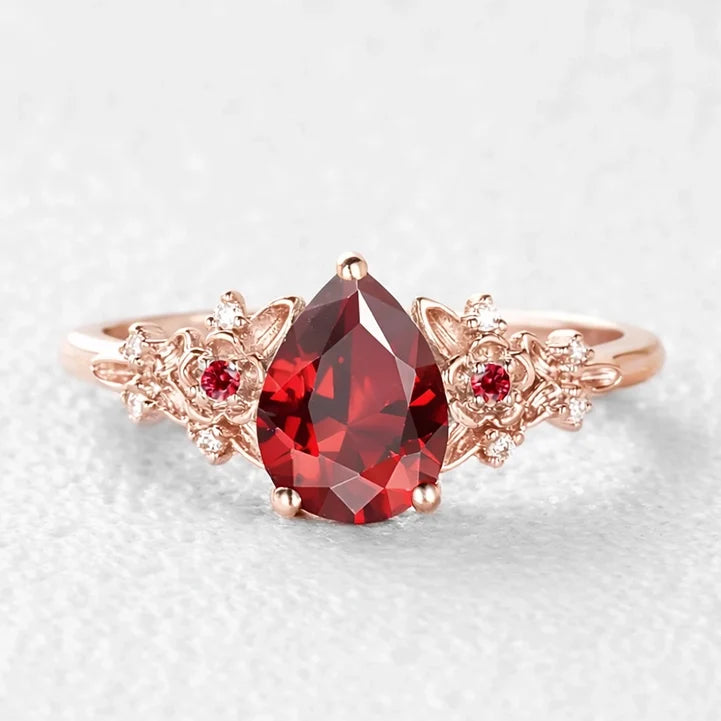 Scarlett’s Twig | Vintage Pear Red Ruby & Diamond Floral Bridal Set 2pcs
