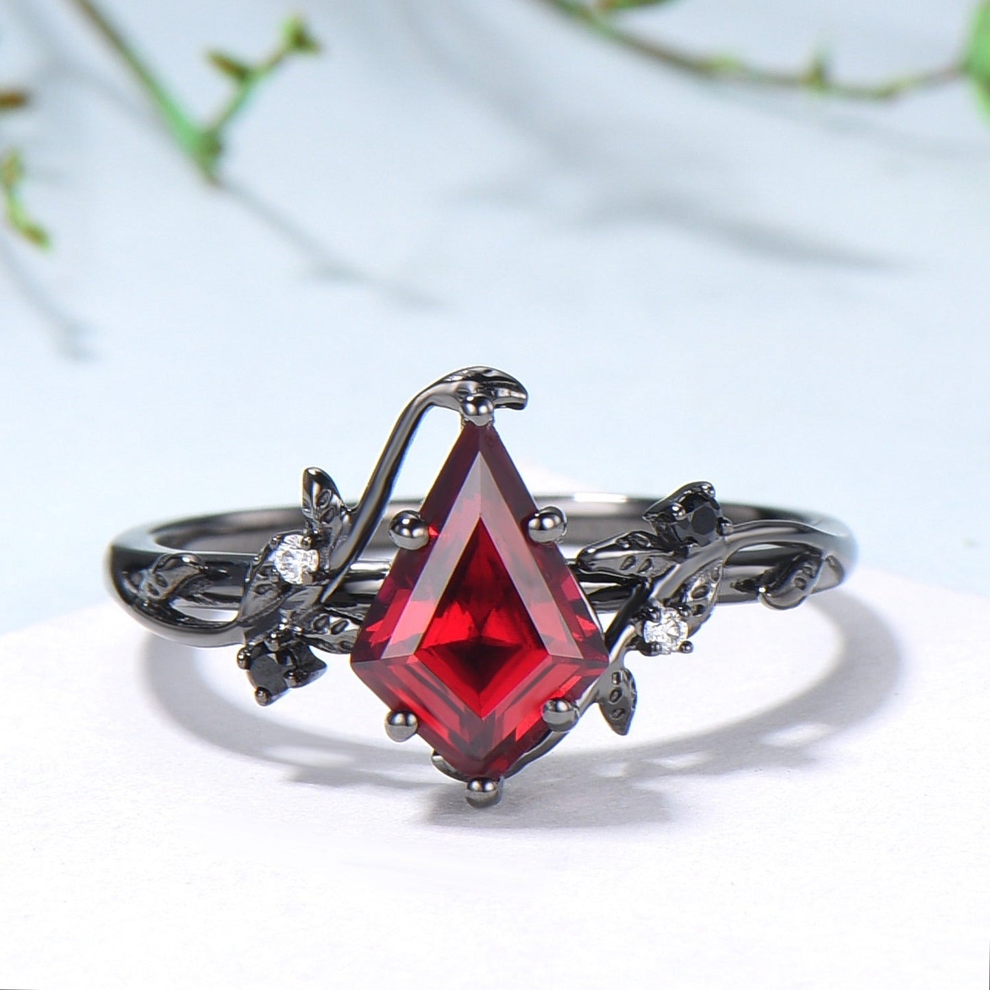 Unique gothic kite cut ruby engagement ring set black gold cluster engagement ring leaf branch nature inspired marquise ruby wedding set