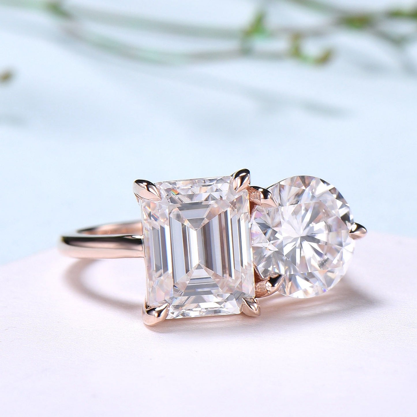 Two stone moissanite engagement ring 14k rose gold emerald round moisaanite plain rose gold wedding ring minimalist anniversary bridal gifts