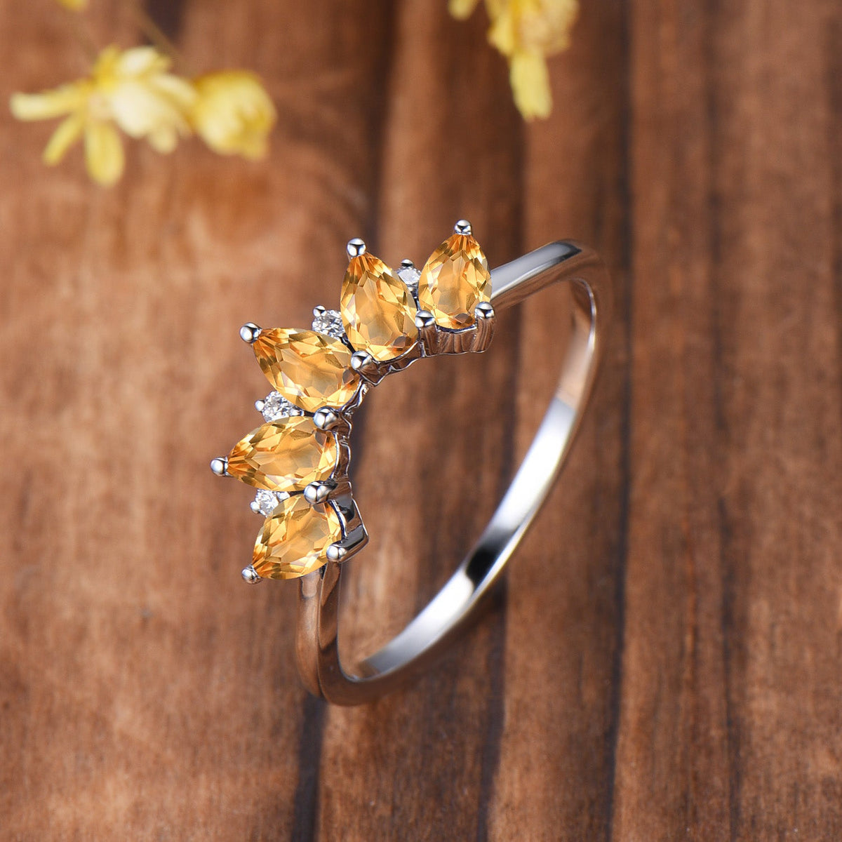 Vintage Yellow Citrine Wedding Ring, Five Stone Curved Stacking Band, 14K Rose Gold Anniversary Gift Women November Birthday Gift for Mom