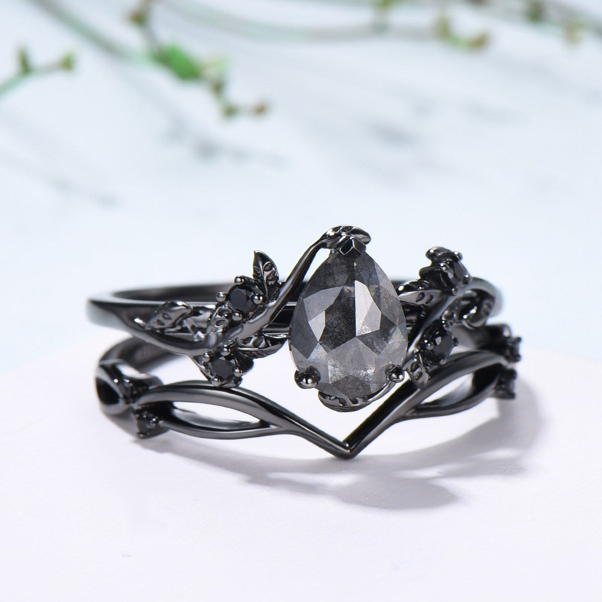 Elegant Black Gold salt pepper diamond engagement ring natural inspired pear shaped twig vine pepper diamond unique leaf vine bridal set