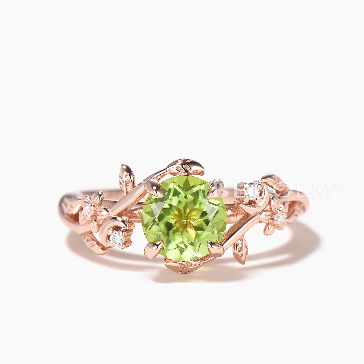 Round Cut Peridot Engagement Ring Diamond Twisted Nature Inspired Ring