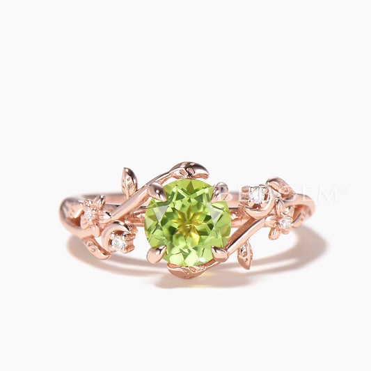 Round Cut Peridot Engagement Ring Diamond Twisted Nature Inspired Ring