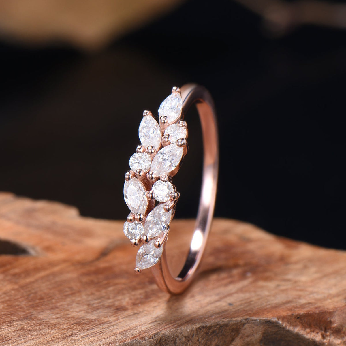 Vintage Moissanite Wedding Ring Art Deco 14k Solid Rose Gold Marquise Cut Moissanite Wedding Band Cluster Promise Ring
