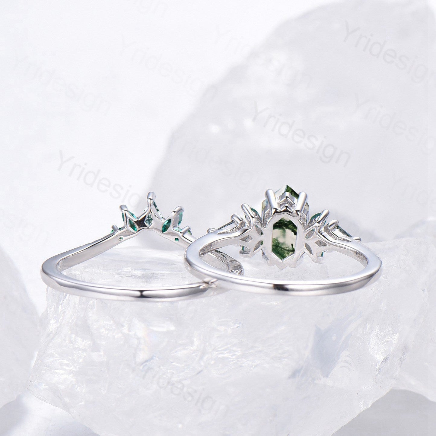 Hexagon Moss Agate Emerald Engagement Ring Set | Green Marquise & Curved Band