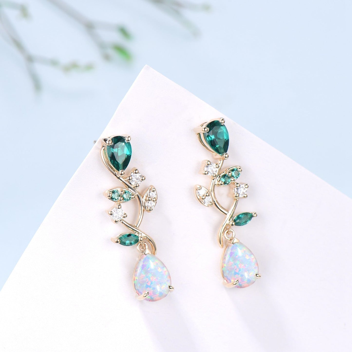 Nature Inspired Pear Shaped White Opal Earrings Emerald Fire Opal Leaf Stud Earrings Silver Earrings Handmade Anniversary Promise Gift