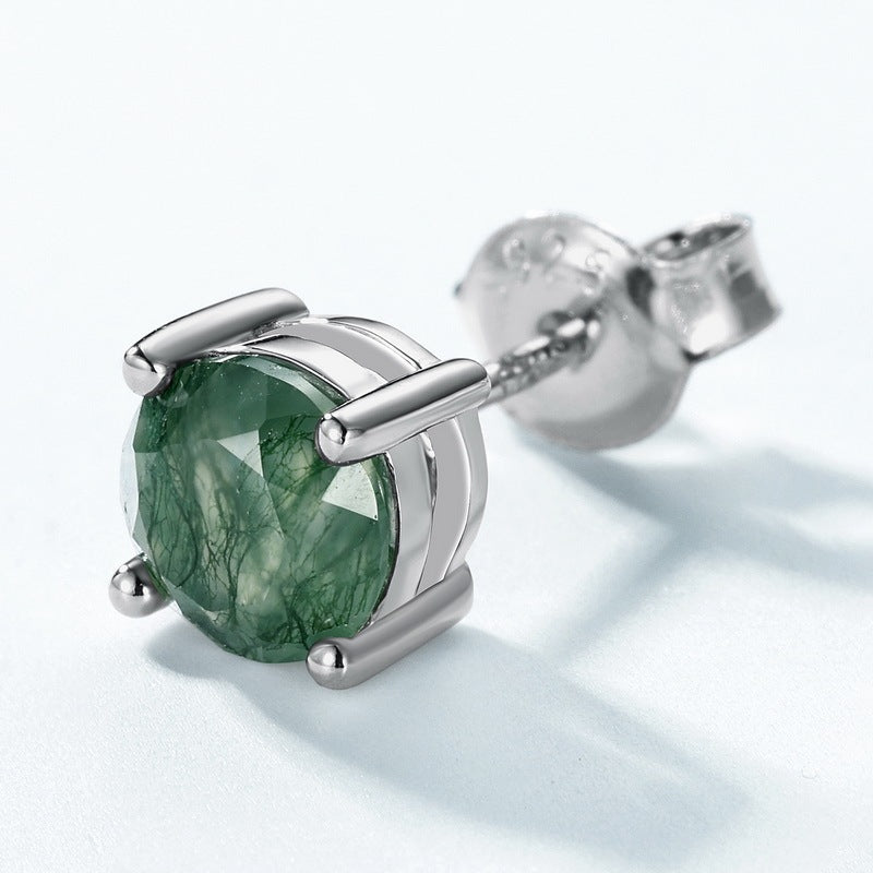 Minimalist 1 Carat Round Cut Moss Agate Stud Earrings
