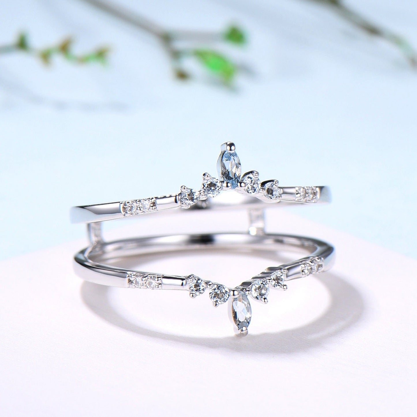 Aquamarine Curved Wedding Band Enhancer, White Gold Nesting Ring Jacket