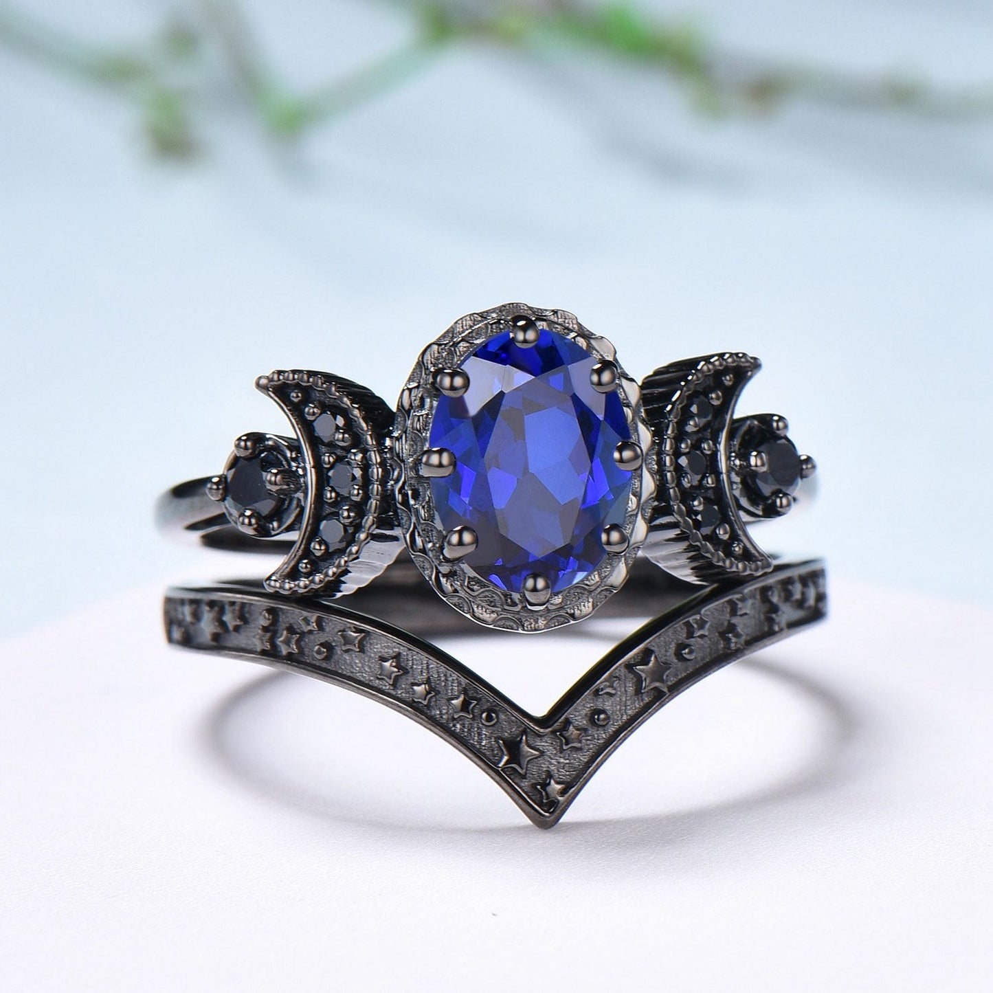 Unique moon star ring Oval blue sapphire wedding ring set Black gold gothic engagement ring set crescent moon sapphire bridal set for women