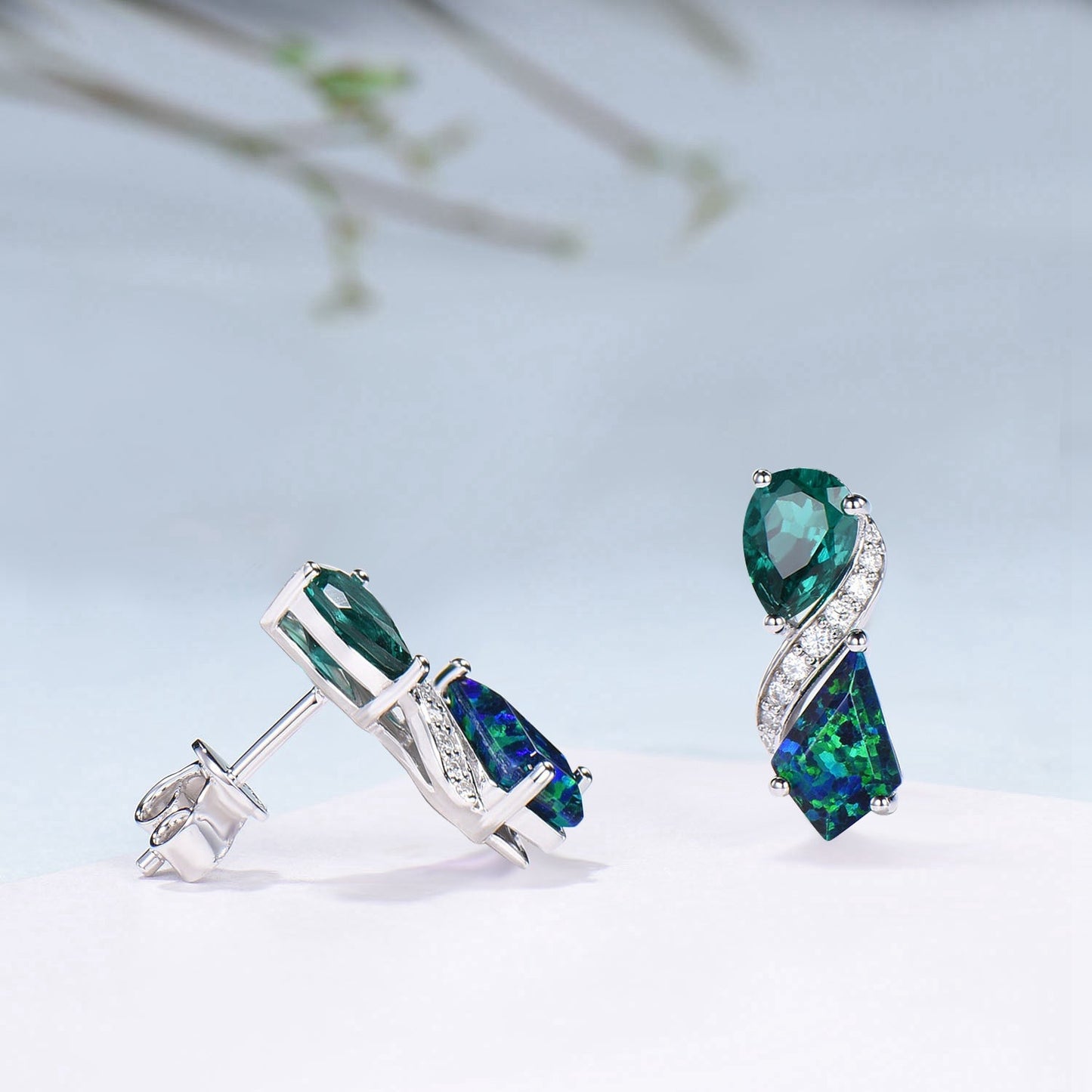 Kite Black Opal & Pear Emerald White Gold Earrings Leaf Vine Twig Moissanite Diamond Studs