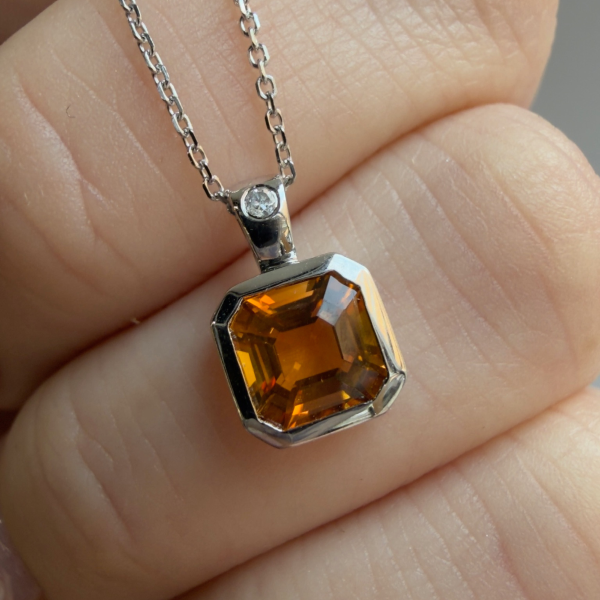 Citrine Bezel Pendant Necklace | Asscher | Sterling Silver