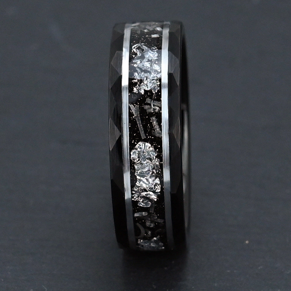 8mm Black Tungsten Ring for Men, Hammered Finish with Meteorite & Silver Foil Inlay