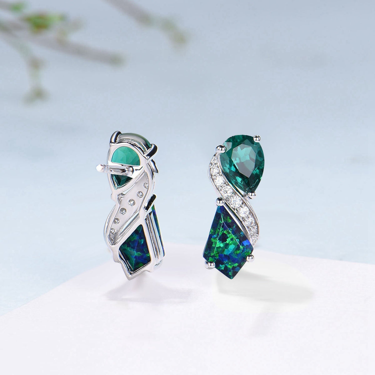 Kite Black Opal & Pear Emerald White Gold Earrings Leaf Vine Twig Moissanite Diamond Studs