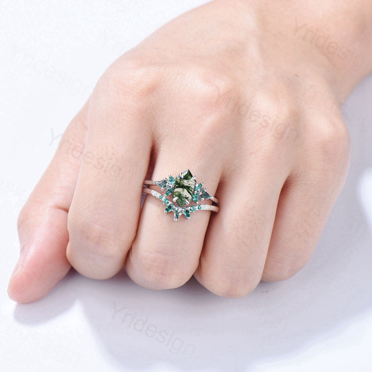 Hexagon Moss Agate Emerald Engagement Ring Set | Green Marquise & Curved Band