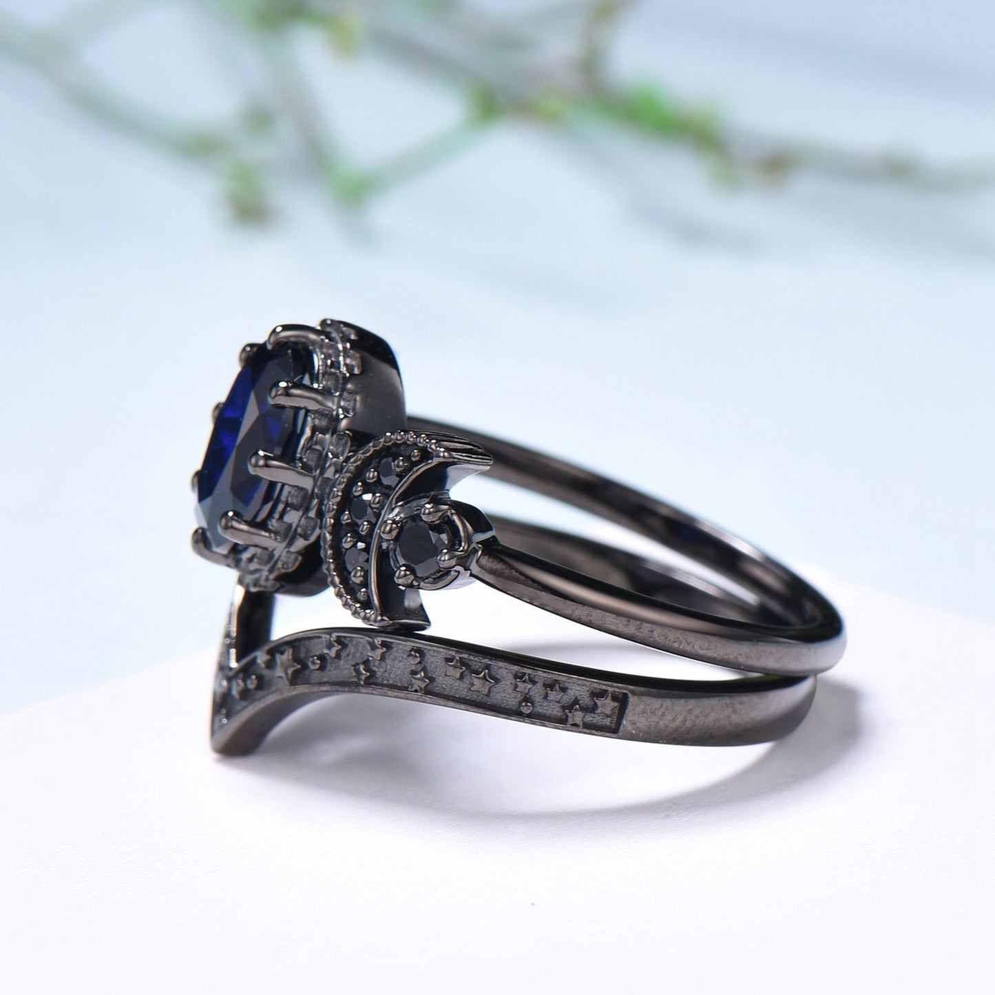 Unique moon star ring Oval blue sapphire wedding ring set Black gold gothic engagement ring set crescent moon sapphire bridal set for women
