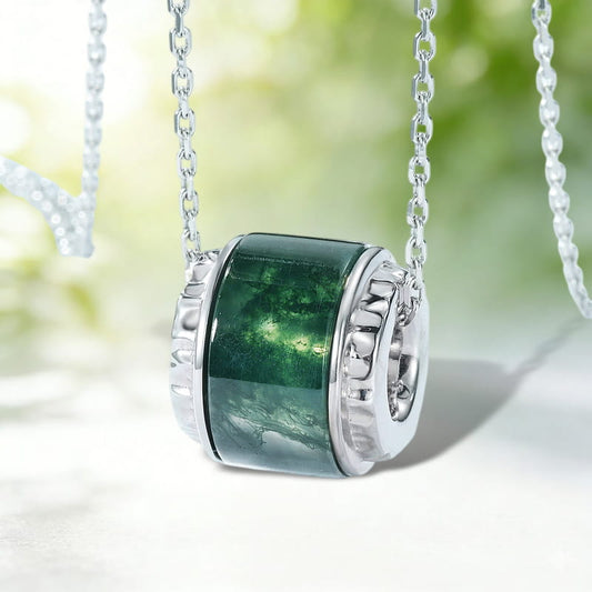 The Mossy Pillar | Geometric Cylinder Moss Agate Necklace