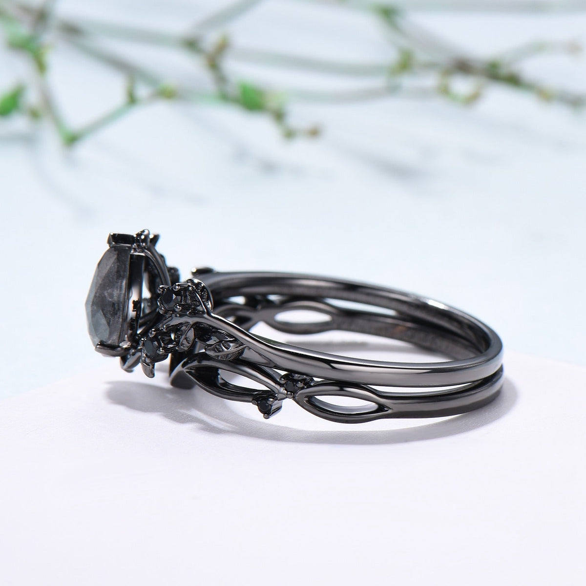 Elegant Black Gold salt pepper diamond engagement ring natural inspired pear shaped twig vine pepper diamond unique leaf vine bridal set