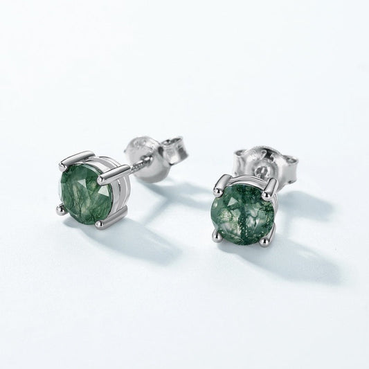 Minimalist 1 Carat Round Cut Moss Agate Stud Earrings