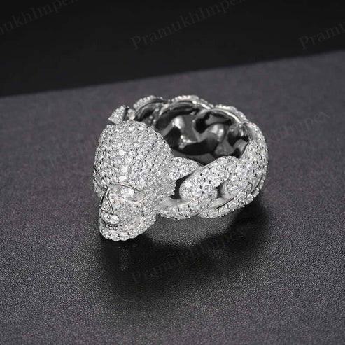 VVS1 Moissanite 925 Silver Yellow Gold Plated Iced Out Cuban Skull Ring