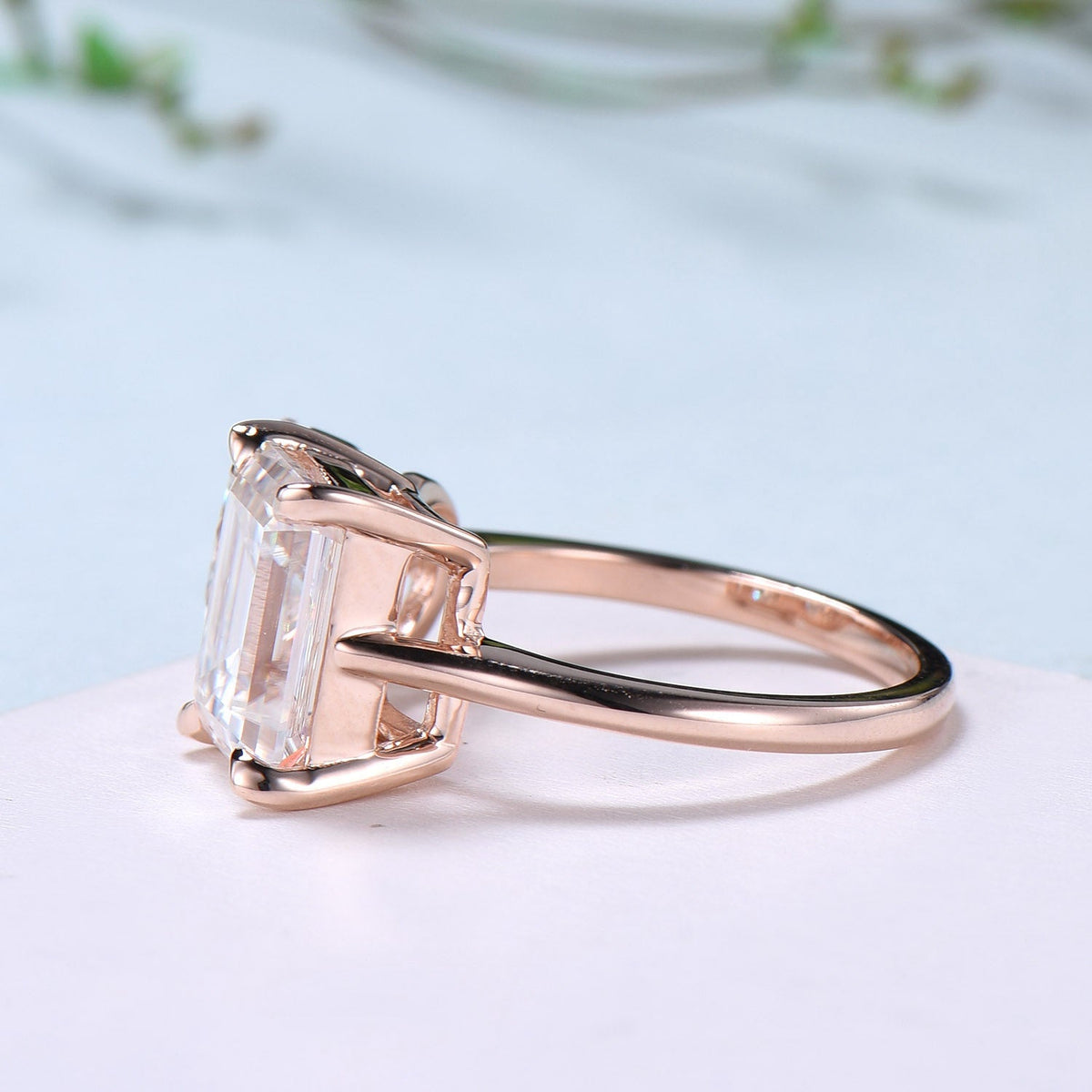 Two stone moissanite engagement ring 14k rose gold emerald round moisaanite plain rose gold wedding ring minimalist anniversary bridal gifts