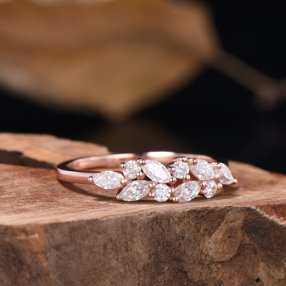 Vintage Moissanite Wedding Ring Art Deco 14k Solid Rose Gold Marquise Cut Moissanite Wedding Band Cluster Promise Ring