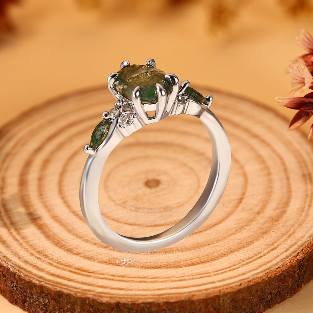 6*8mm Oval Cut Moss Agate Engagement Ring Nature Inspired Leaf Design Ring with Green Accents