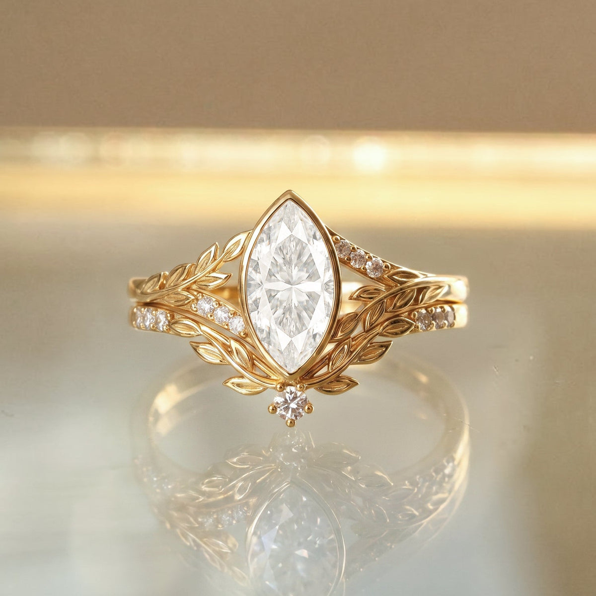 Luminous Reverie - Marquise Moissanite Leaf Vintage Engagement Ring Sets - Rain