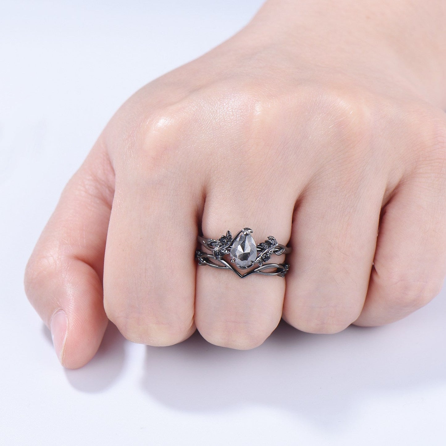 Elegant Black Gold salt pepper diamond engagement ring natural inspired pear shaped twig vine pepper diamond unique leaf vine bridal set