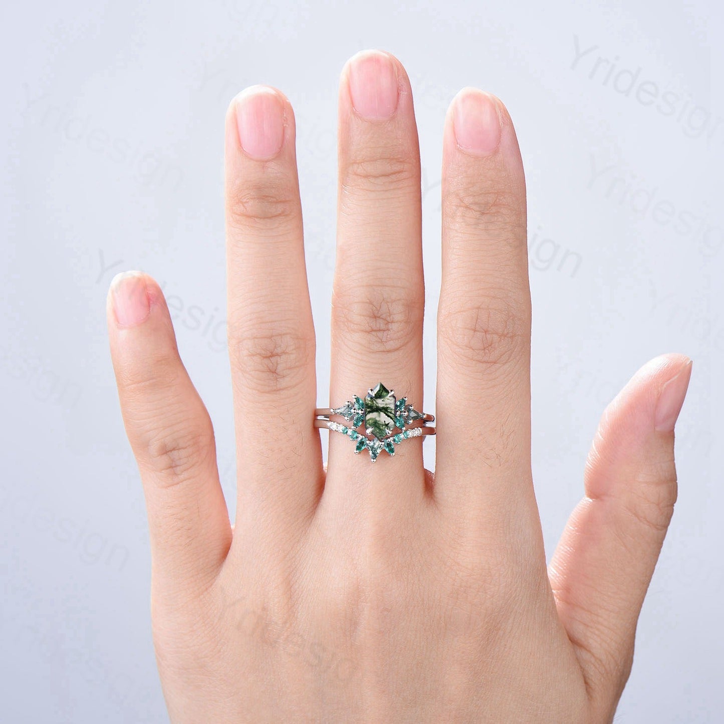 Hexagon Moss Agate Emerald Engagement Ring Set | Green Marquise & Curved Band
