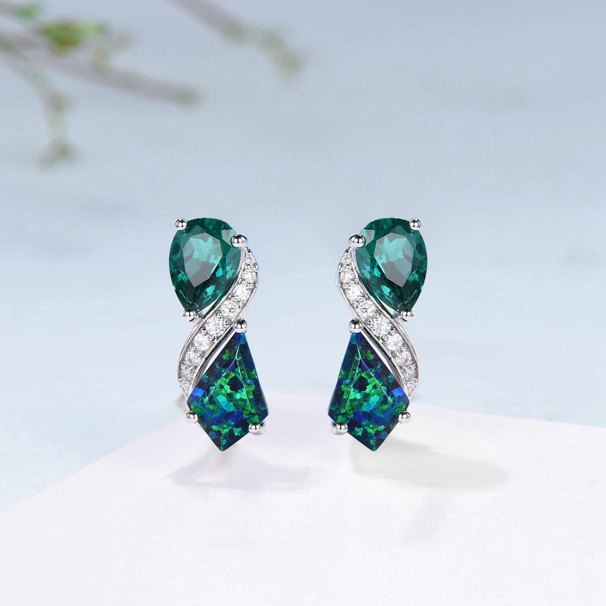 Kite Black Opal & Pear Emerald White Gold Earrings Leaf Vine Twig Moissanite Diamond Studs