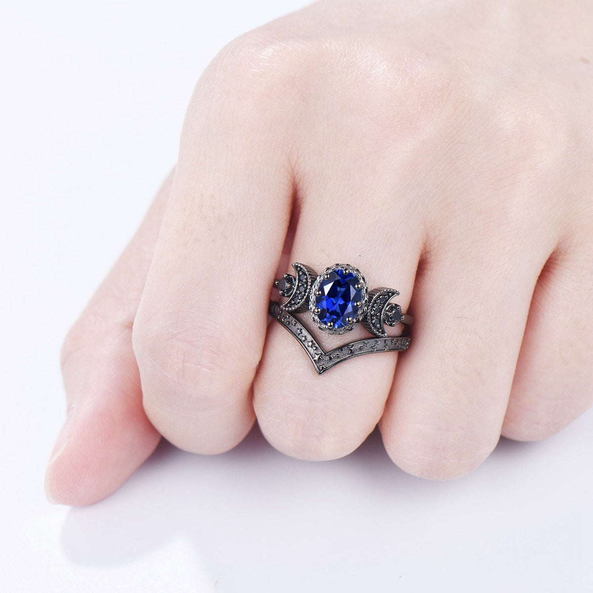 Unique moon star ring Oval blue sapphire wedding ring set Black gold gothic engagement ring set crescent moon sapphire bridal set for women