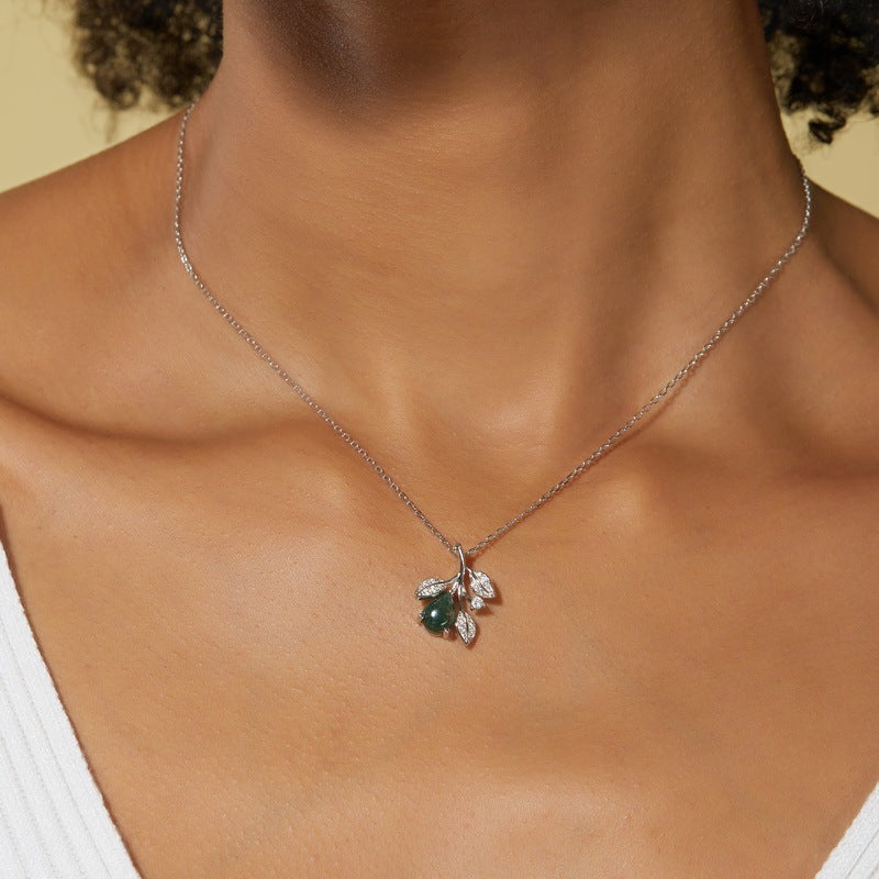 Natural Moss Agate Olive Branch Pendant Necklace