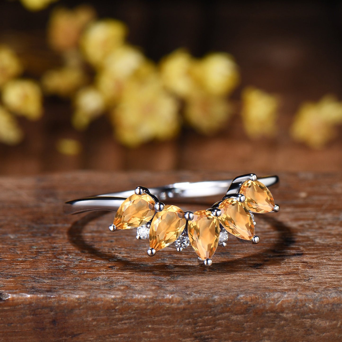 Vintage Yellow Citrine Wedding Ring, Five Stone Curved Stacking Band, 14K Rose Gold Anniversary Gift Women November Birthday Gift for Mom