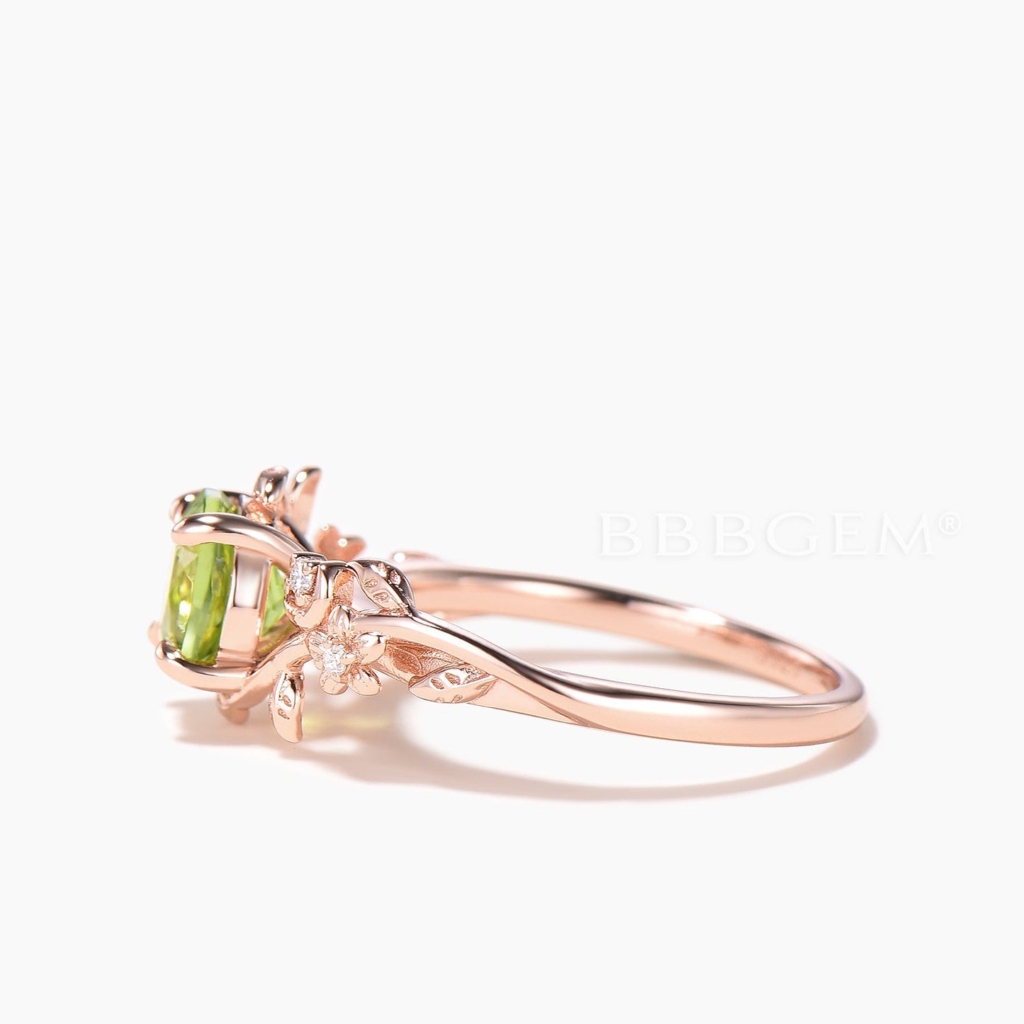 Round Cut Peridot Engagement Ring Diamond Twisted Nature Inspired Ring