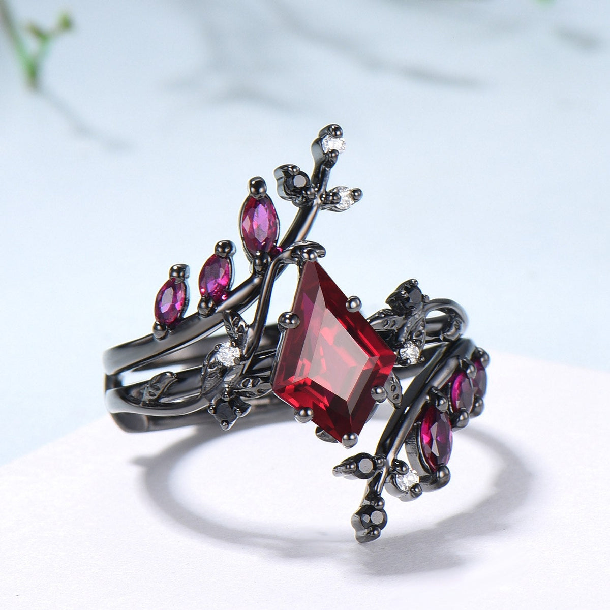 Unique gothic kite cut ruby engagement ring set black gold cluster engagement ring leaf branch nature inspired marquise ruby wedding set